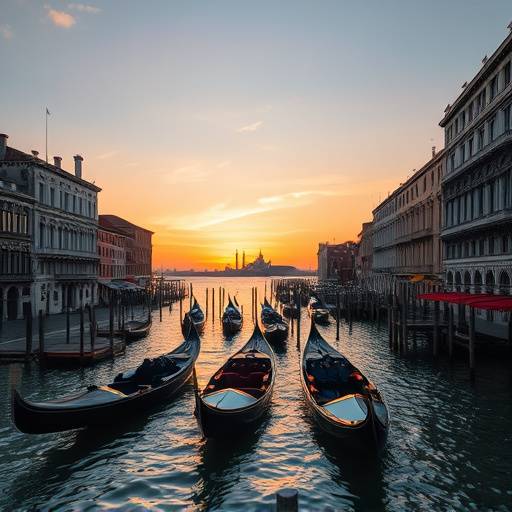 Gondole che navigano sul Canal Grande a Venezia al tramonto