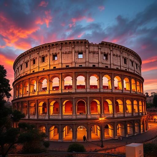 Il Colosseo illuminato al tramonto a Roma.