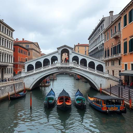 Il Ponte di Rialto a Venezia, un'icona della citt&agrave; lagunare e della sua storia commerciale.