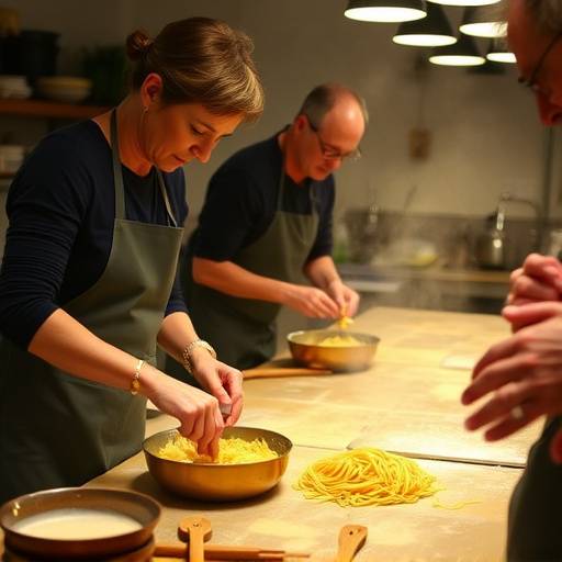 Persone che partecipano a un corso di cucina toscana a Firenze, preparando pasta fresca.