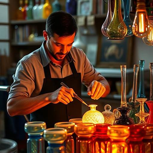 Un artigiano che lavora il vetro soffiato a Murano, Venezia