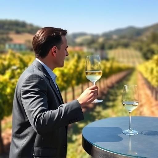 Un gruppo di persone che degustano vino Franciacorta in una cantina con vigneti sullo sfondo.