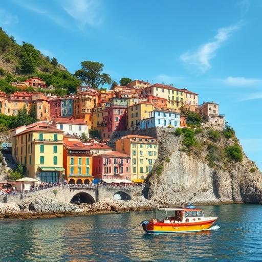 Una barca che naviga lungo la costa delle Cinque Terre, con i colorati borghi arroccati sulle scogliere.