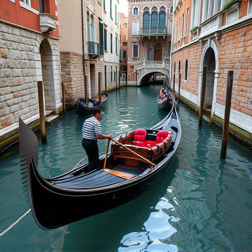 Una gondola che naviga lungo un canale di Venezia con un gondoliere che canta una serenata.