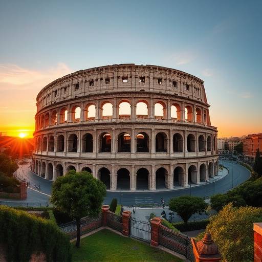 Veduta panoramica del Colosseo illuminato al tramonto, Roma