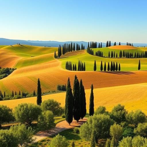 Veduta panoramica della Toscana con colline ondulate e cipressi