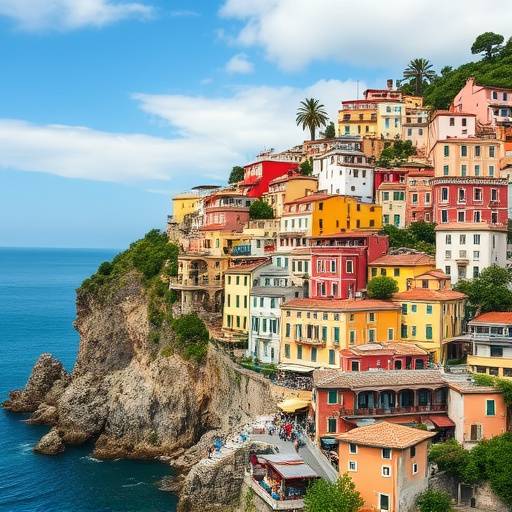 Vista mozzafiato della Costiera Amalfitana con case colorate a picco sul mare